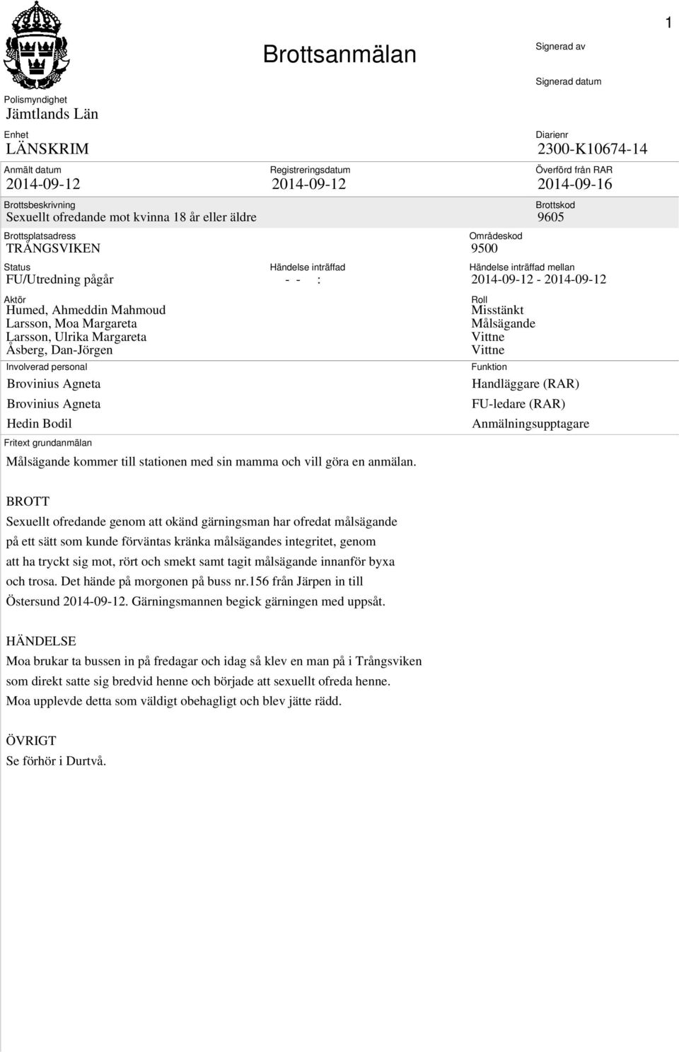 Registreringsdatum 2014-09-12 Händelse inträffad - - : Målsägande kommer till stationen med sin mamma och vill göra en anmälan.