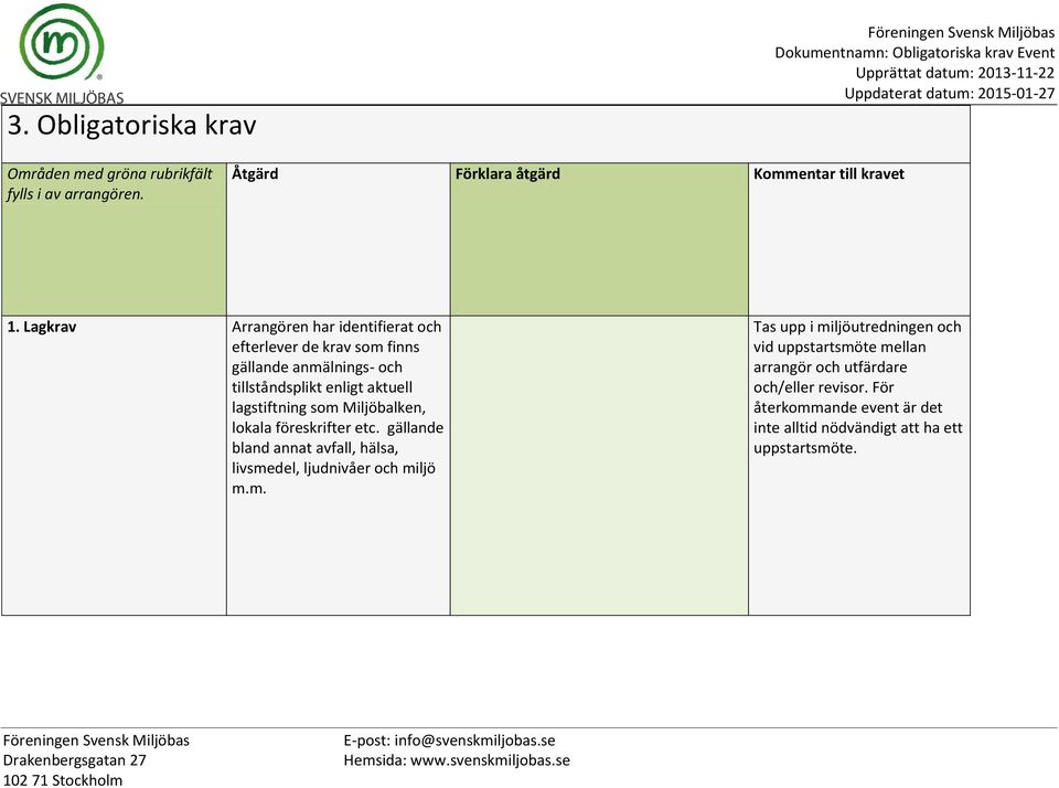 som Miljöbalken, lokala föreskrifter etc. gällande bland annat avfall, hälsa, livsmedel, ljudnivåer och miljö m.m. Tas upp i miljöutredningen och vid uppstartsmöte mellan arrangör och utfärdare och/eller revisor.