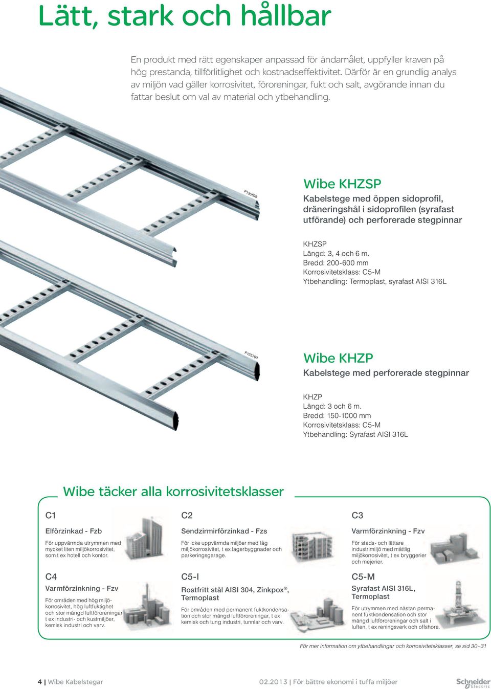 P135698 Wibe KHZSP Kabelstege med öppen sidoprofil, dräneringshål i sidoprofilen (syrafast utförande) och perforerade stegpinnar KHZSP Längd: 3, 4 och 6 m.