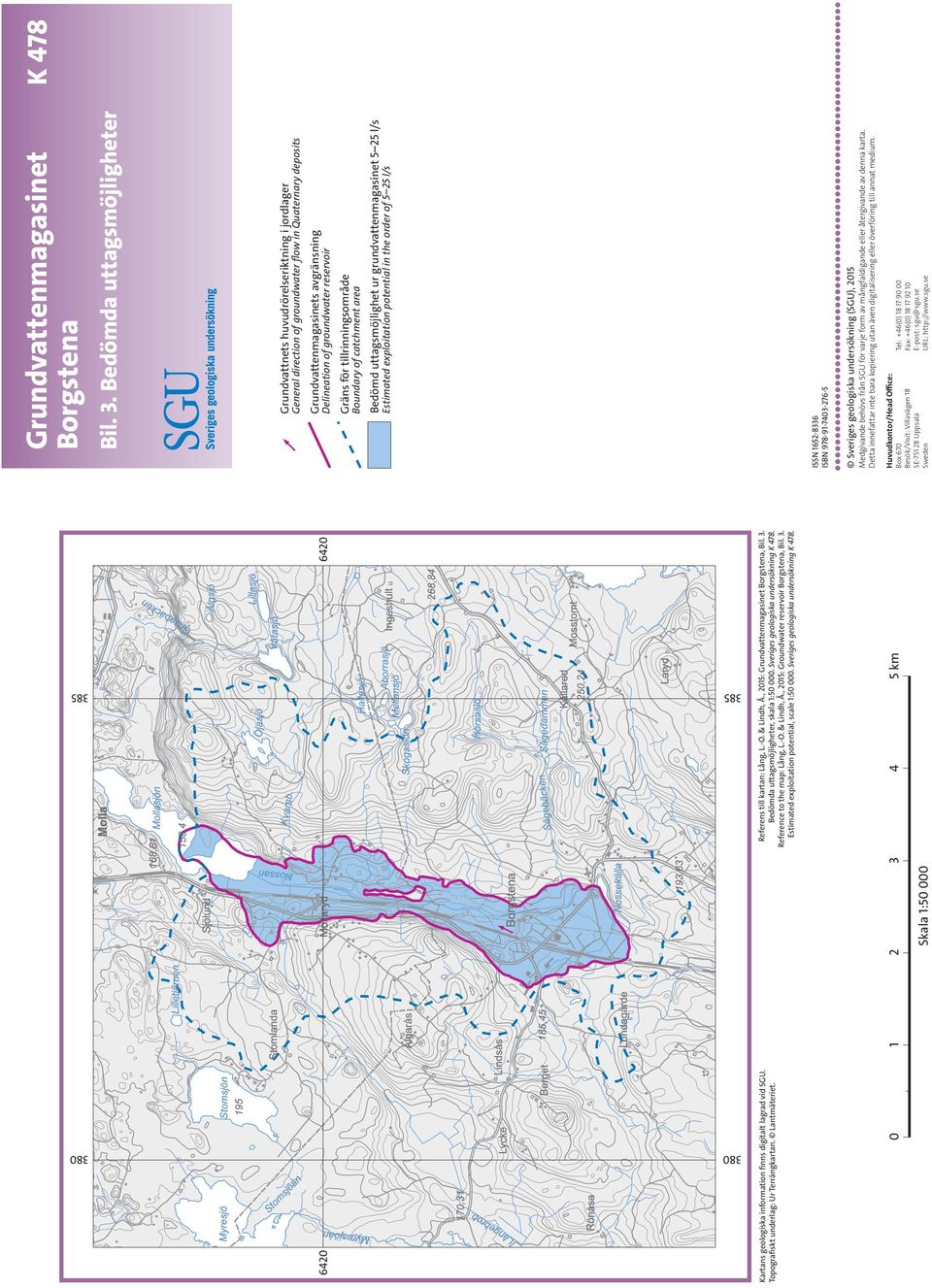 , 2015: Groundwater reservoir Borgstena, Bil. 3. Estimated exploitation potential, scale 1:50 000. Sveriges geologiska undersökning K 478.