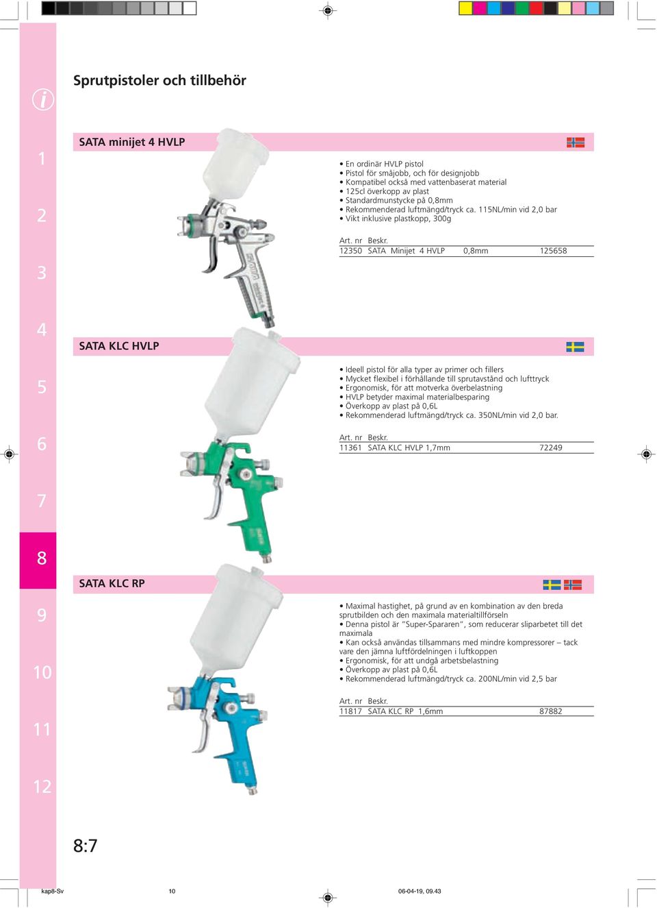 NL/min vid,0 bar Vikt inklusive plastkopp, 00g 0 SATA Minijet HVLP 0,mm SATA KLC HVLP Ideell pistol för alla typer av primer och fillers Mycket flexibel i förhållande till sprutavstånd och lufttryck