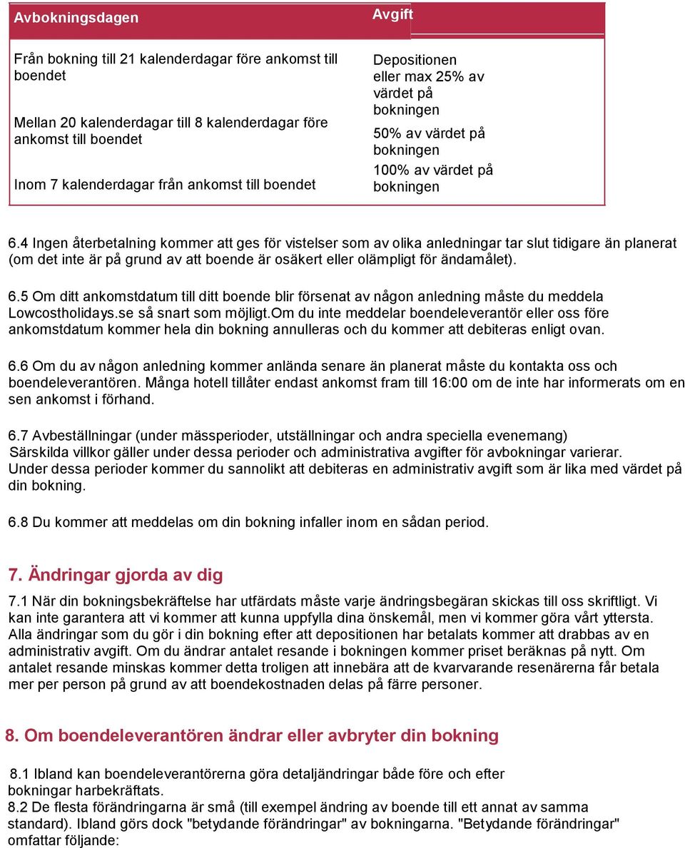 4 Ingen återbetalning kommer att ges för vistelser som av olika anledningar tar slut tidigare än planerat (om det inte är på grund av att boende är osäkert eller olämpligt för ändamålet). 6.