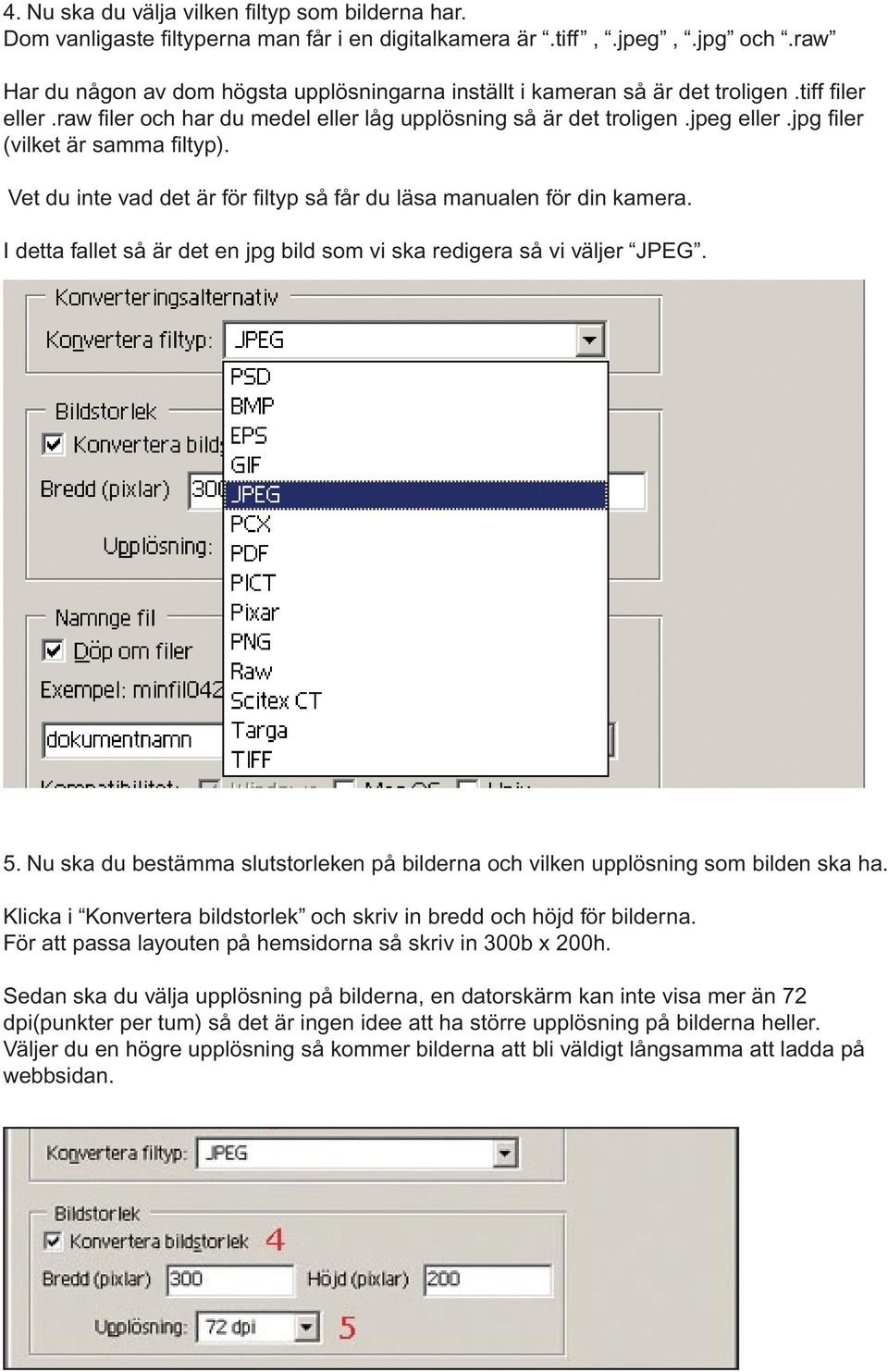 jpg filer (vilket är samma filtyp). Vet du inte vad det är för filtyp så får du läsa manualen för din kamera. I detta fallet så är det en jpg bild som vi ska redigera så vi väljer JPEG. 5.