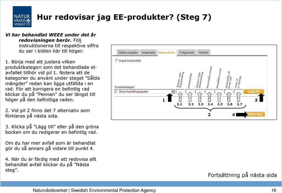 För att korrigera en befintlig rad klickar du på Pennan du ser längst till höger på den befintliga raden. 2. Vid pil 2 finns det 7 alternativ som förklaras på nästa sida. 3.