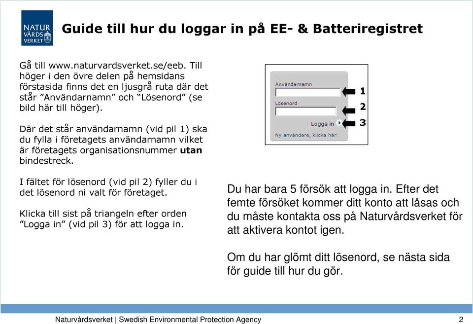 Där det står användarnamn (vid pil 1) ska du fylla i företagets användarnamn vilket är företagets organisationsnummer utan bindestreck.