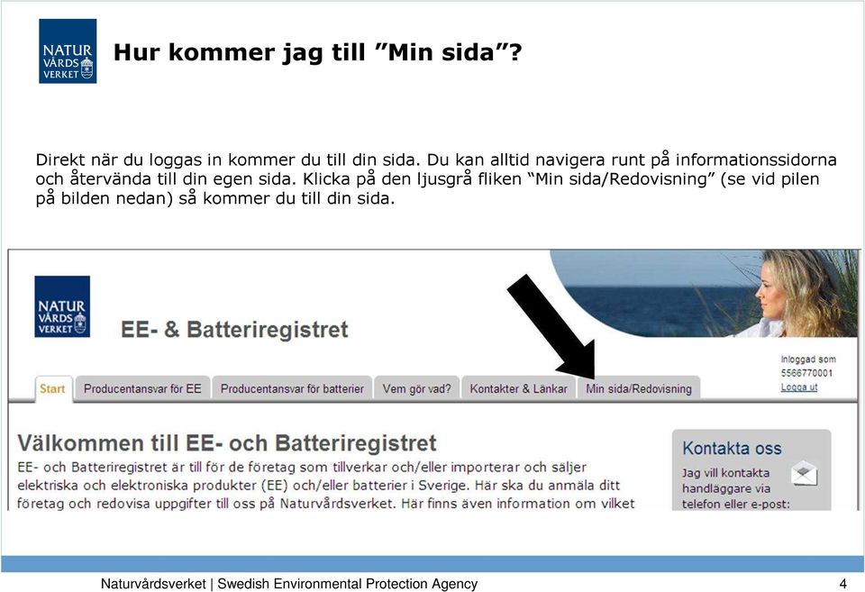 sida. Klicka på den ljusgrå fliken Min sida/redovisning (se vid pilen på bilden