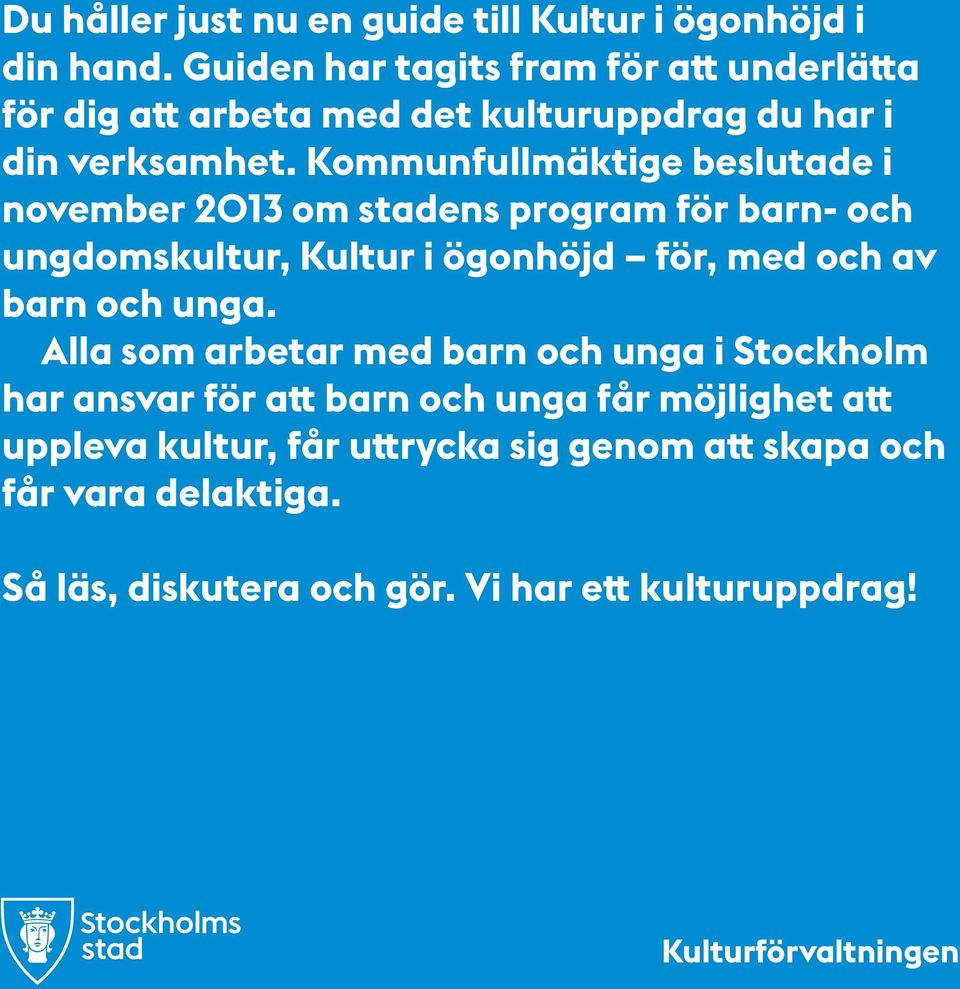 Kommunfullmäktige beslutade i november 2013 om stadens program för barn- och ungdomskultur, Kultur i ögonhöjd för, med och av barn och