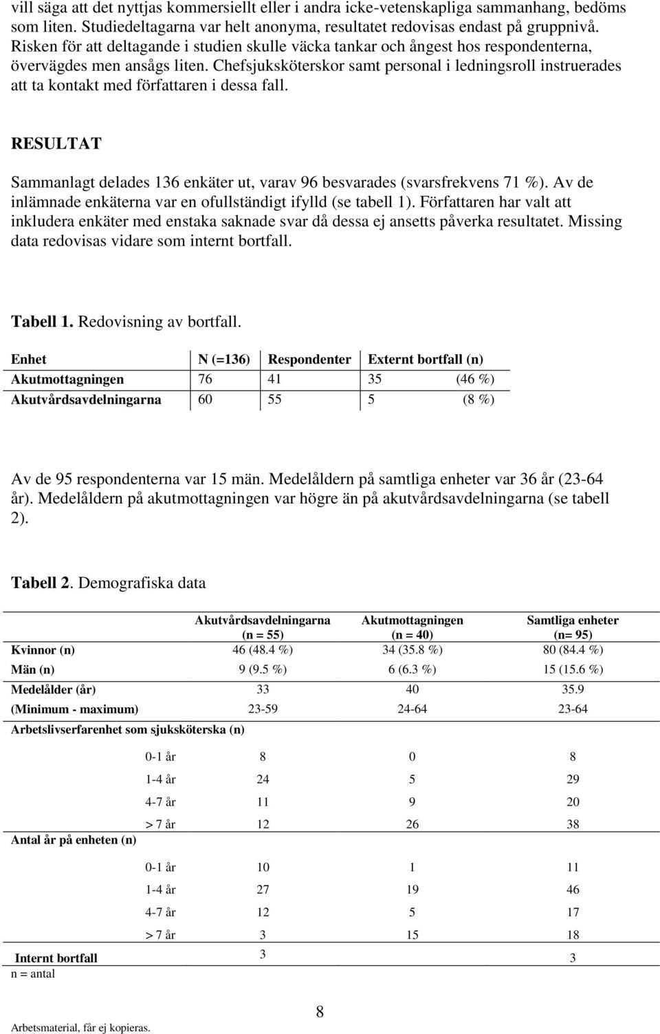 Chefsjuksköterskor samt personal i ledningsroll instruerades att ta kontakt med författaren i dessa fall. RESULTAT Sammanlagt delades 136 enkäter ut, varav 96 besvarades (svarsfrekvens 71 %).