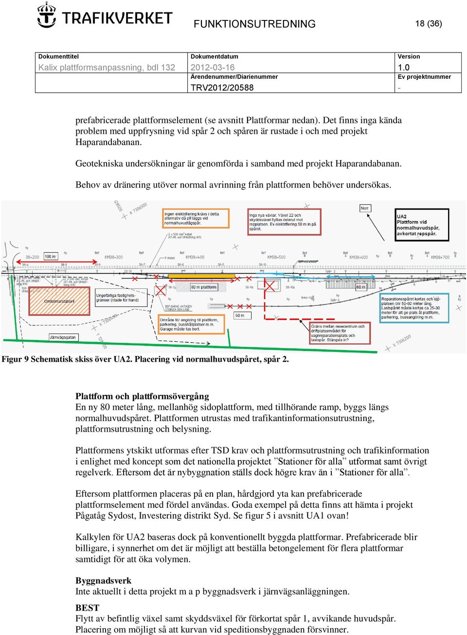 Behov av dränering utöver normal avrinning från plattformen behöver undersökas. Figur 9 Schematisk skiss över UA2. Placering vid normalhuvudspåret, spår 2.