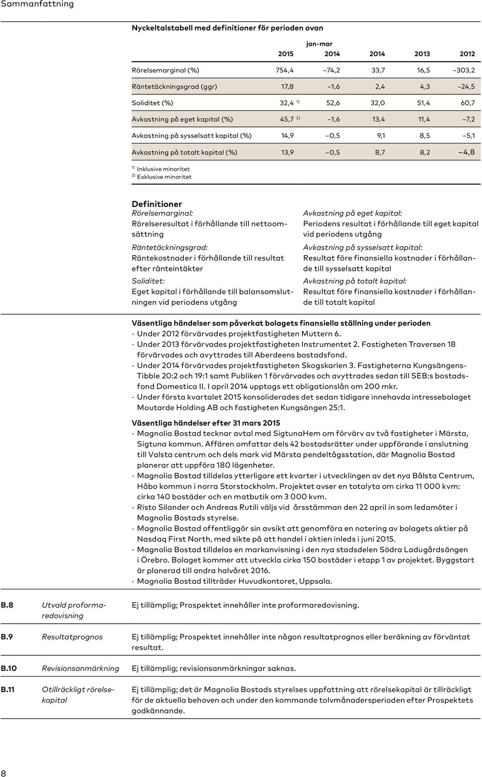 8,7 8,2 4,8 1) Inklusive minoritet 2) Exklusive minoritet Definitioner Rörelsemarginal: Rörelseresultat i förhållande till nettoomsättning Räntetäckningsgrad: Räntekostnader i förhållande till