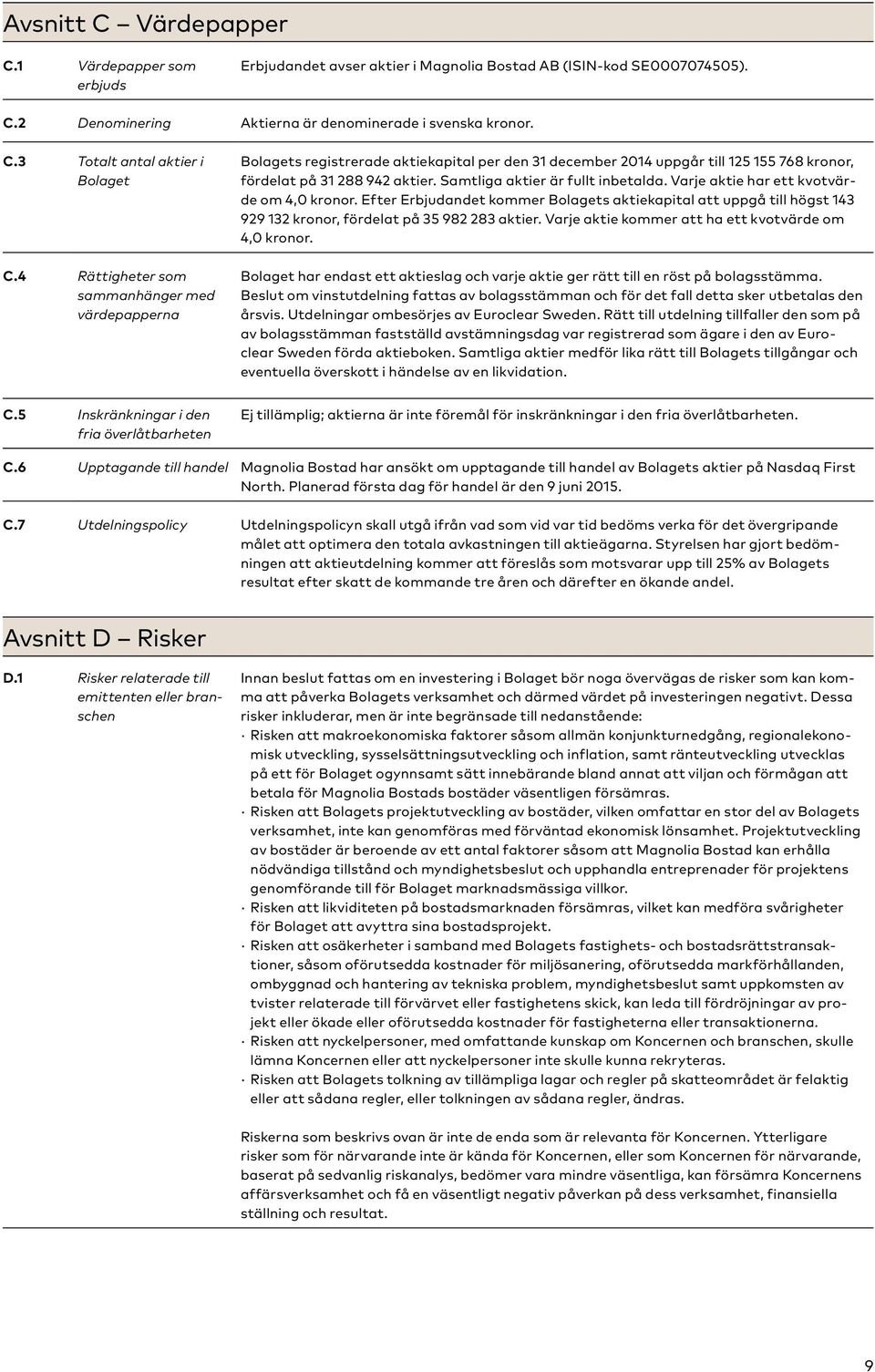 Samtliga aktier är fullt inbetalda. Varje aktie har ett kvotvärde om 4,0 kronor. Efter Erbjudandet kommer Bolagets aktiekapital att uppgå till högst 143 929 132 kronor, fördelat på 35 982 283 aktier.