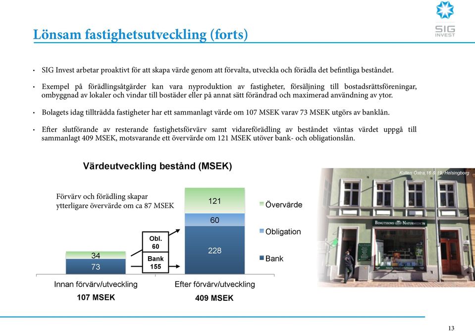 användning av ytor. Bolagets idag tillträdda fastigheter har ett sammanlagt värde om 107 MSEK varav 73 MSEK utgörs av banklån.