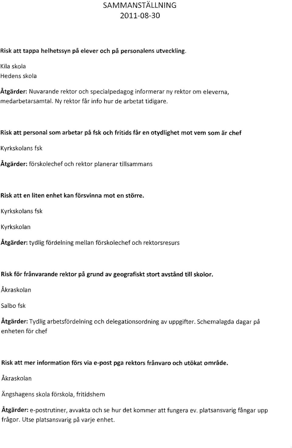 Risk att personal som arbetar på fsk och fritids får en otydlighet mot vem som är chef Kyrkskolans fsk Åtgärder: förskolechef och rektor planerar tillsammans Risk att en liten enhet kan försvinna mot