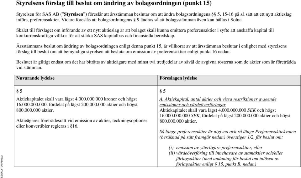 Skälet till förslaget om införande av ett nytt aktieslag är att bolaget skall kunna emittera preferensaktier i syfte att anskaffa kapital till konkurrenskraftiga villkor för att stärka SAS kapitalbas