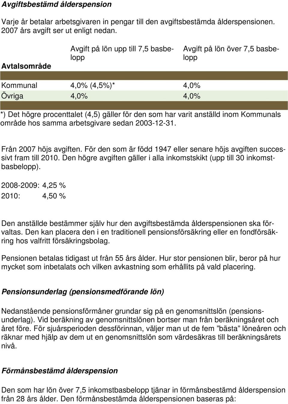 inom Kommunals område hos samma arbetsgivare sedan 2003-12-31. Från 2007 höjs avgiften. För den som är född 1947 eller senare höjs avgiften successivt fram till 2010.