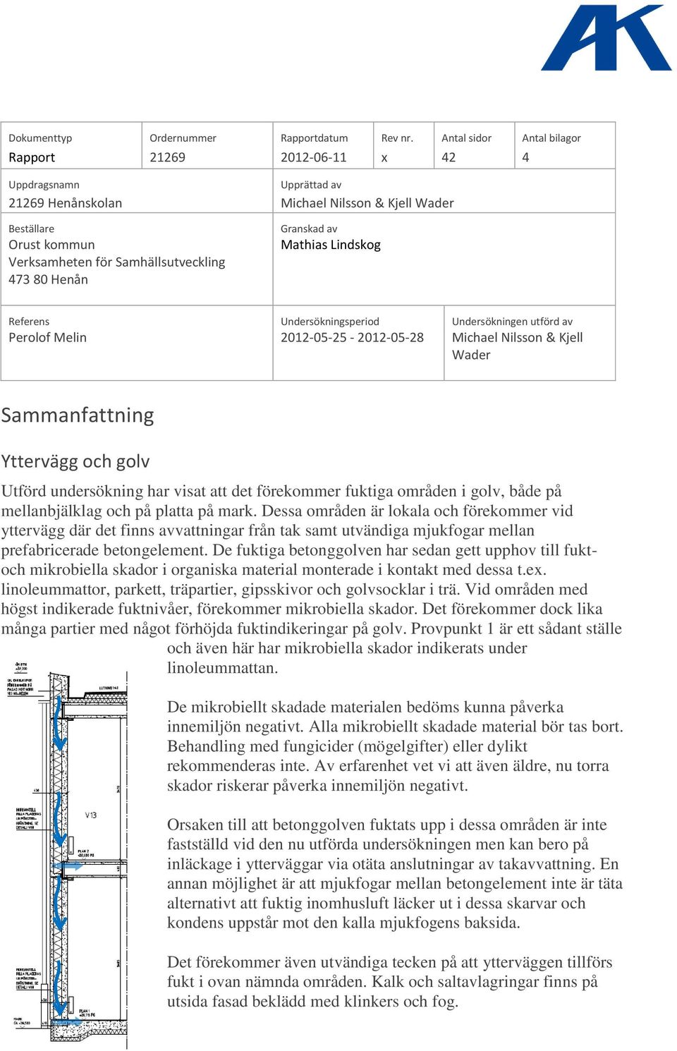 Henån Granskad av Mathias Lindskog Referens Undersökningsperiod Undersökningen utförd av Perolof Melin 2012-05-25-2012-05-28 Michael Nilsson & Kjell Wader Sammanfattning Yttervägg och golv Utförd