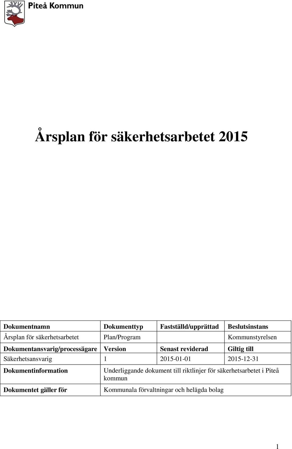 Giltig till Säkerhetsansvarig 1 2015-01-01 2015-12-31 Dokumentinformation Dokumentet gäller för