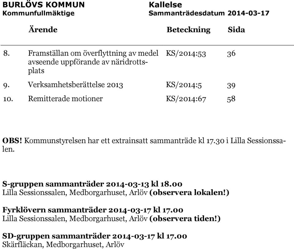 Remitterade motioner KS/2014:67 58 OBS! Kommunstyrelsen har ett extrainsatt sammanträde kl 17.30 i Lilla Sessionssalen. S-gruppen sammanträder 2014-03-13 kl 18.