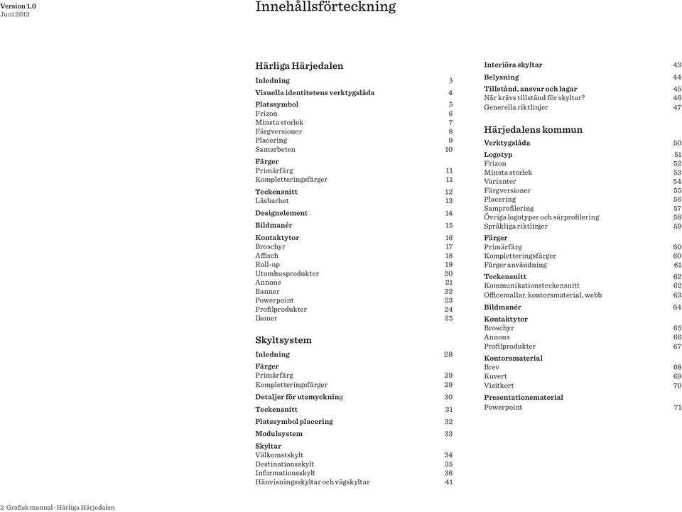 Profilprodukter 24 Ikoner 25 Skyltsystem Inledning 28 Färger Primärfärg 29 Kompletteringsfärger 29 Detaljer för utsmyckning 30 Teckensnitt 31 Platssymbol placering 32 Modulsystem 33 Skyltar