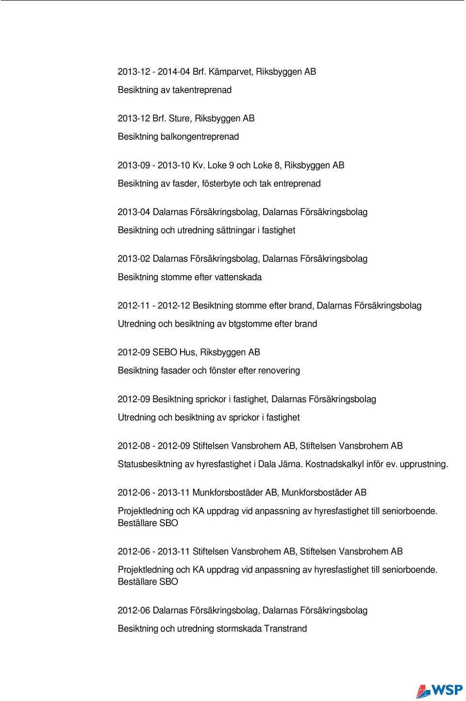 2013-02 Dalarnas Försäkringsbolag, Dalarnas Försäkringsbolag Besiktning stomme efter vattenskada 2012-11 - 2012-12 Besiktning stomme efter brand, Dalarnas Försäkringsbolag Utredning och besiktning av