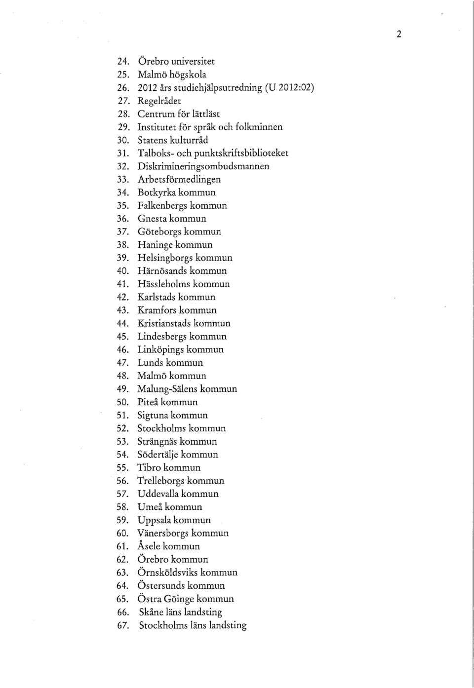 Helsingborgs kommun 40. Härnösands kommun 41. Hässleholms kommun 42. Karlstads kommun 43. Kramfors kommun 44. Kristianstads kommun 45. Lindesbergs kommun 46. Linköpings kommun 47. Lunds kommun 48.