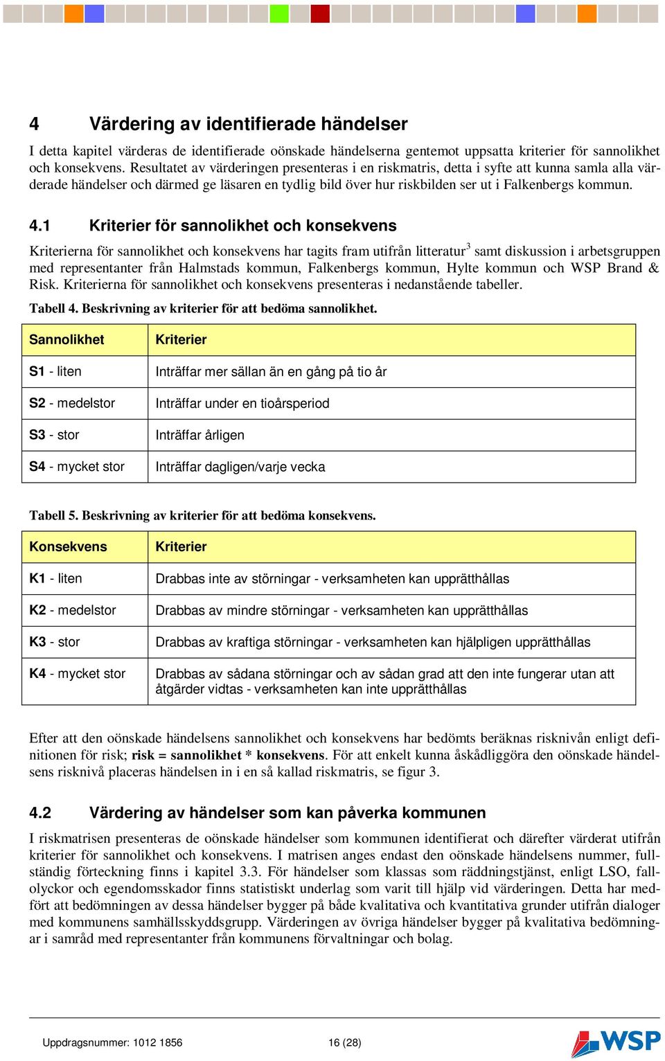 1 Kriterier för sannolikhet och konsekvens Kriterierna för sannolikhet och konsekvens har tagits fram utifrån litteratur 3 samt diskussion i arbetsgruppen med representanter från Halmstads kommun,