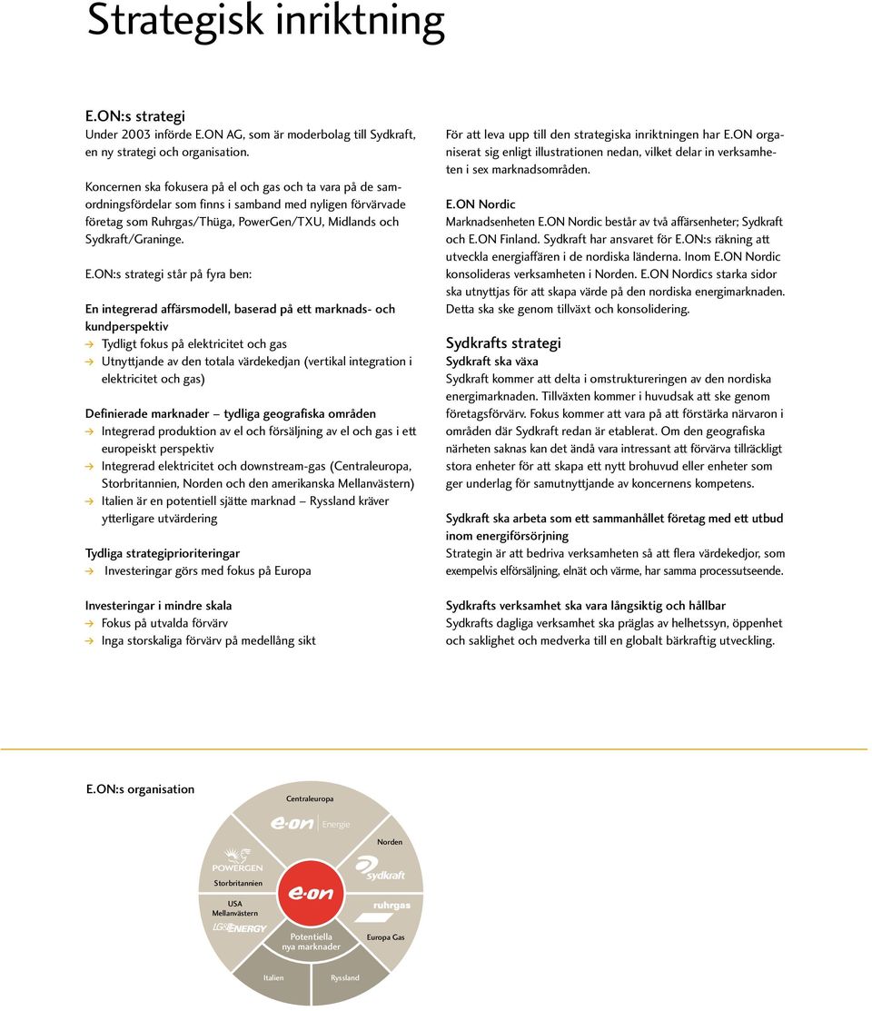 ON:s strategi står på fyra ben: En integrerad affärsmodell, baserad på ett marknads- och kundperspektiv Y Tydligt fokus på elektricitet och gas Y Utnyttjande av den totala värdekedjan (vertikal