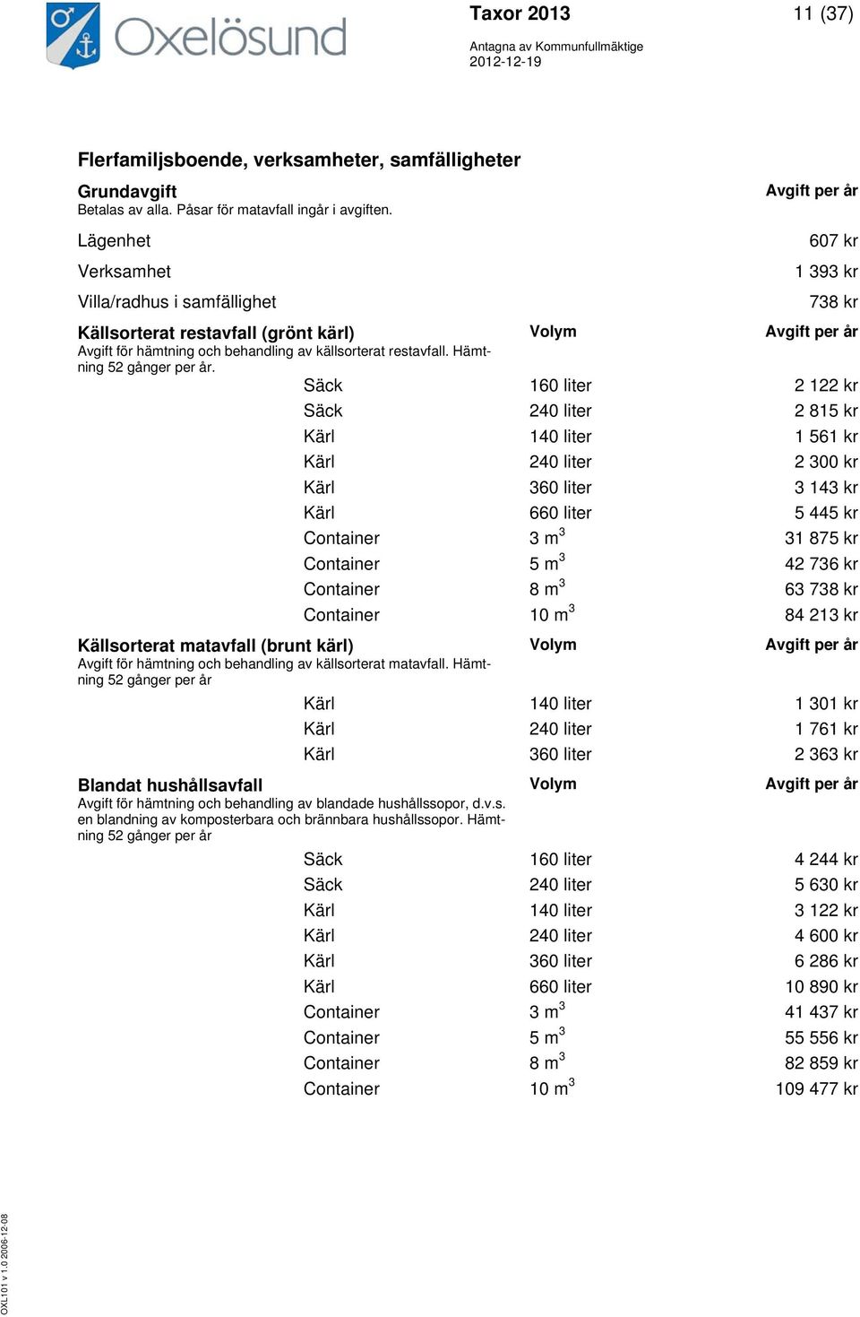 restavfall. Hämtning 52 gånger per år.