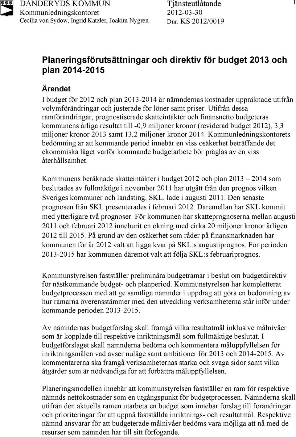 Utifrån dessa ramförändringar, prognostiserade skatteintäkter och finansnetto budgeteras kommunens årliga resultat till -0,9 miljoner kronor (reviderad budget 2012), 3,3 miljoner kronor 2013 samt