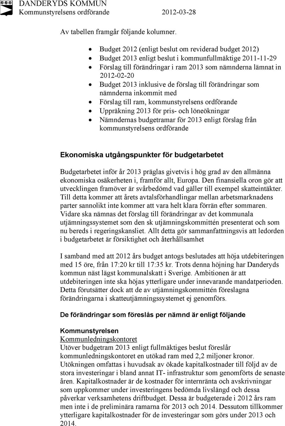 inklusive de förslag till förändringar som nämnderna inkommit med Förslag till ram, kommunstyrelsens ordförande Uppräkning 2013 för pris- och löneökningar Nämndernas budgetramar för 2013 enligt