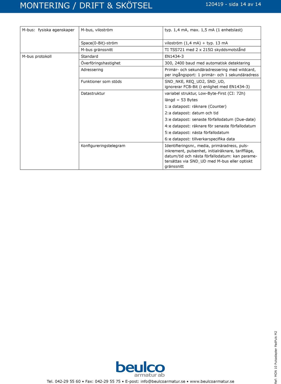 13 ma TI TSS721 med 2 x 215Ω skyddsmotstånd 300, 2400 baud med automatisk detektering Primär- och sekundäradressering med wildcard, per ingångsport: 1 primär- och 1 sekundäradress SND_NKE, REQ_UD2,