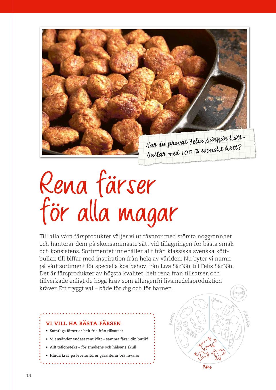 Sortimentet innehåller allt från klassiska svenska köttbullar, till biffar med inspiration från hela av världen.