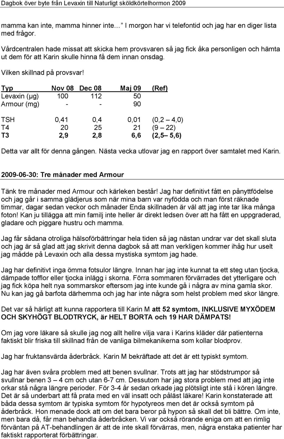 Typ Nov 08 Dec 08 Maj 09 (Ref) Levaxin (µg) 100 112 50 Armour (mg) - - 90 TSH 0,41 0,4 0,01 (0,2 4,0) T4 20 25 21 (9 22) T3 2,9 2,8 6,6 (2,5 5,6) Detta var allt för denna gången.