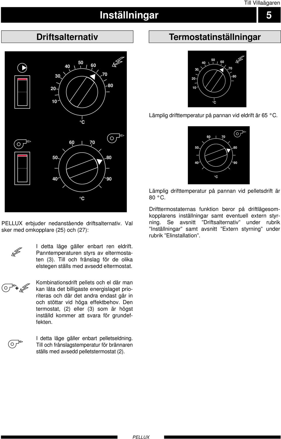 Drifttermostaternas funktion beror på driftlägesomkopplarens inställningar samt eventuell extern styrning.