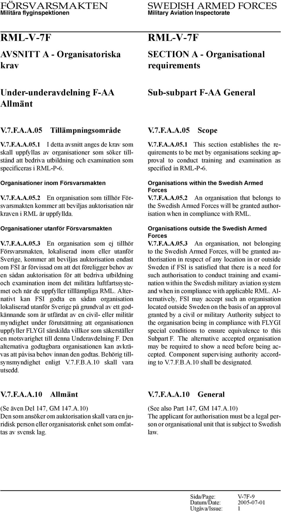 Organisationer inom Försvarsmakten V.7.F.A.A.05.