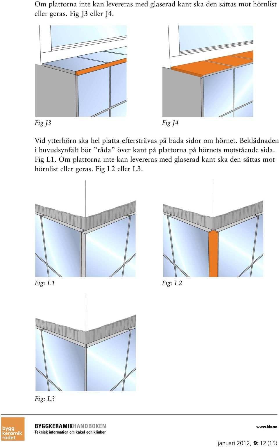 Beklädnaden i huvudsynfält bör råda över kant på plattorna på hörnets motstående sida. Fig L1.