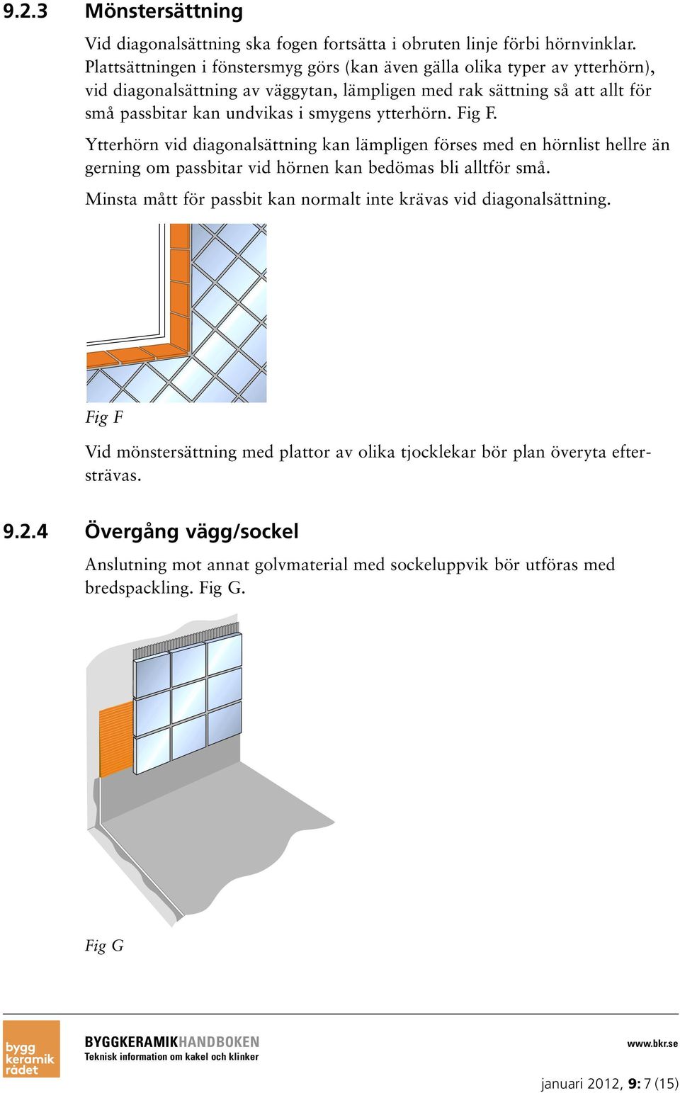 smygens ytterhörn. Fig F. Ytterhörn vid diagonalsättning kan lämpligen förses med en hörnlist hellre än gerning om passbitar vid hörnen kan bedömas bli alltför små.