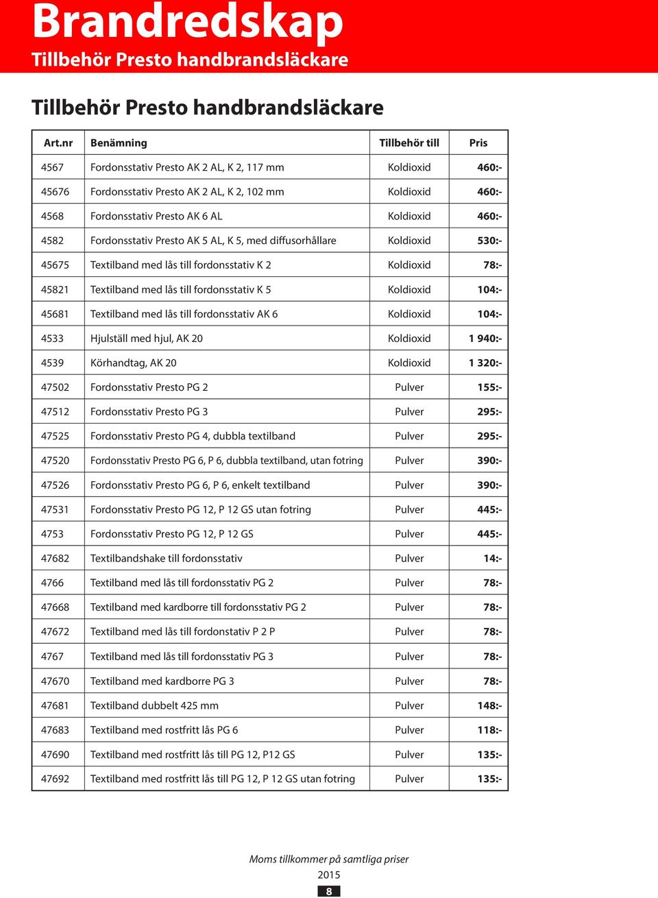 Koldioxid 460:- 4582 Fordonsstativ Presto AK 5 AL, K 5, med diffusorhållare Koldioxid 530:- 45675 Textilband med lås till fordonsstativ K 2 Koldioxid 78:- 45821 Textilband med lås till fordonsstativ