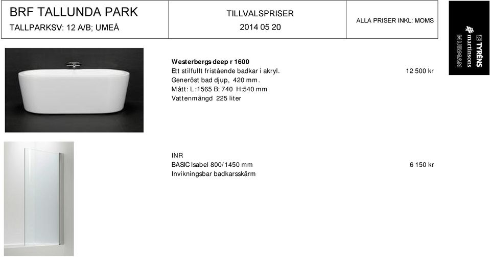 Mått: L :1565 B: 740 H:540 mm Vattenmängd 225 liter 12