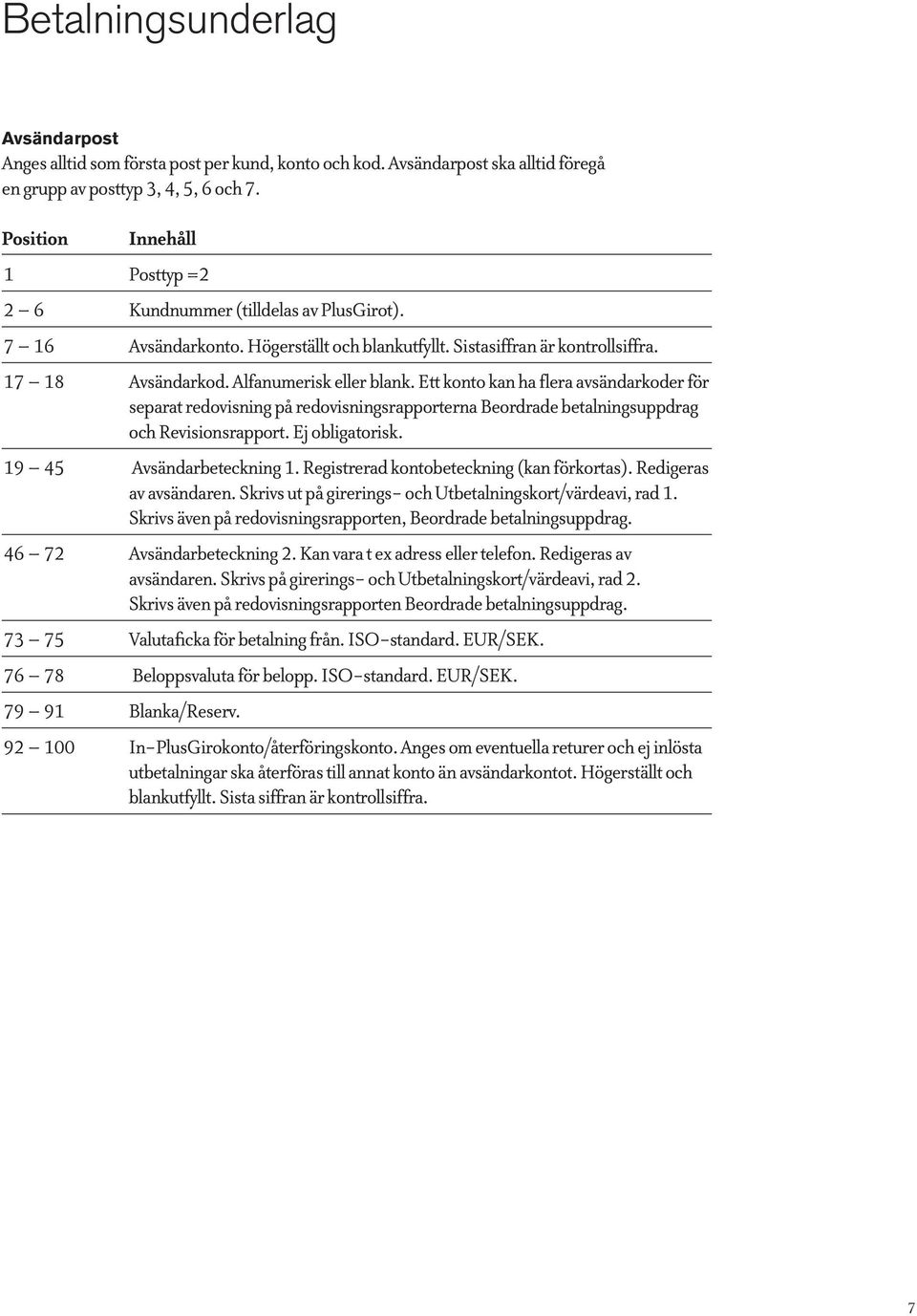 Ett konto kan ha flera avsändarkoder för separat redovisning på redovisningsrapporterna Beordrade betalningsuppdrag och Revisionsrapport. Ej obligatorisk. 19 45 Avsändarbeteckning 1.