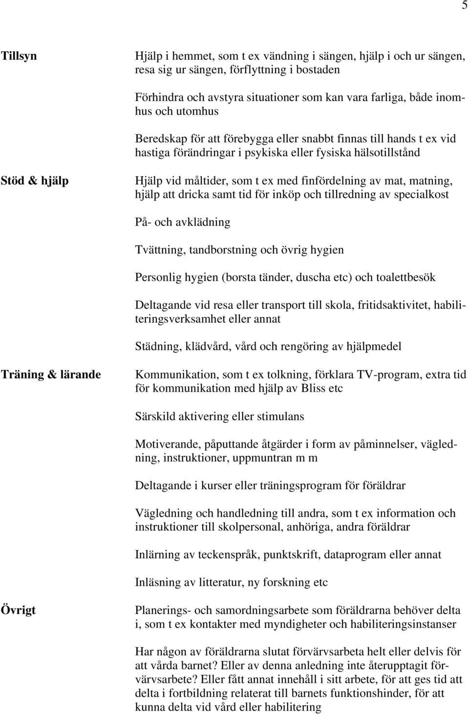 mat, matning, hjälp att dricka samt tid för inköp och tillredning av specialkost På- och avklädning Tvättning, tandborstning och övrig hygien Personlig hygien (borsta tänder, duscha etc) och
