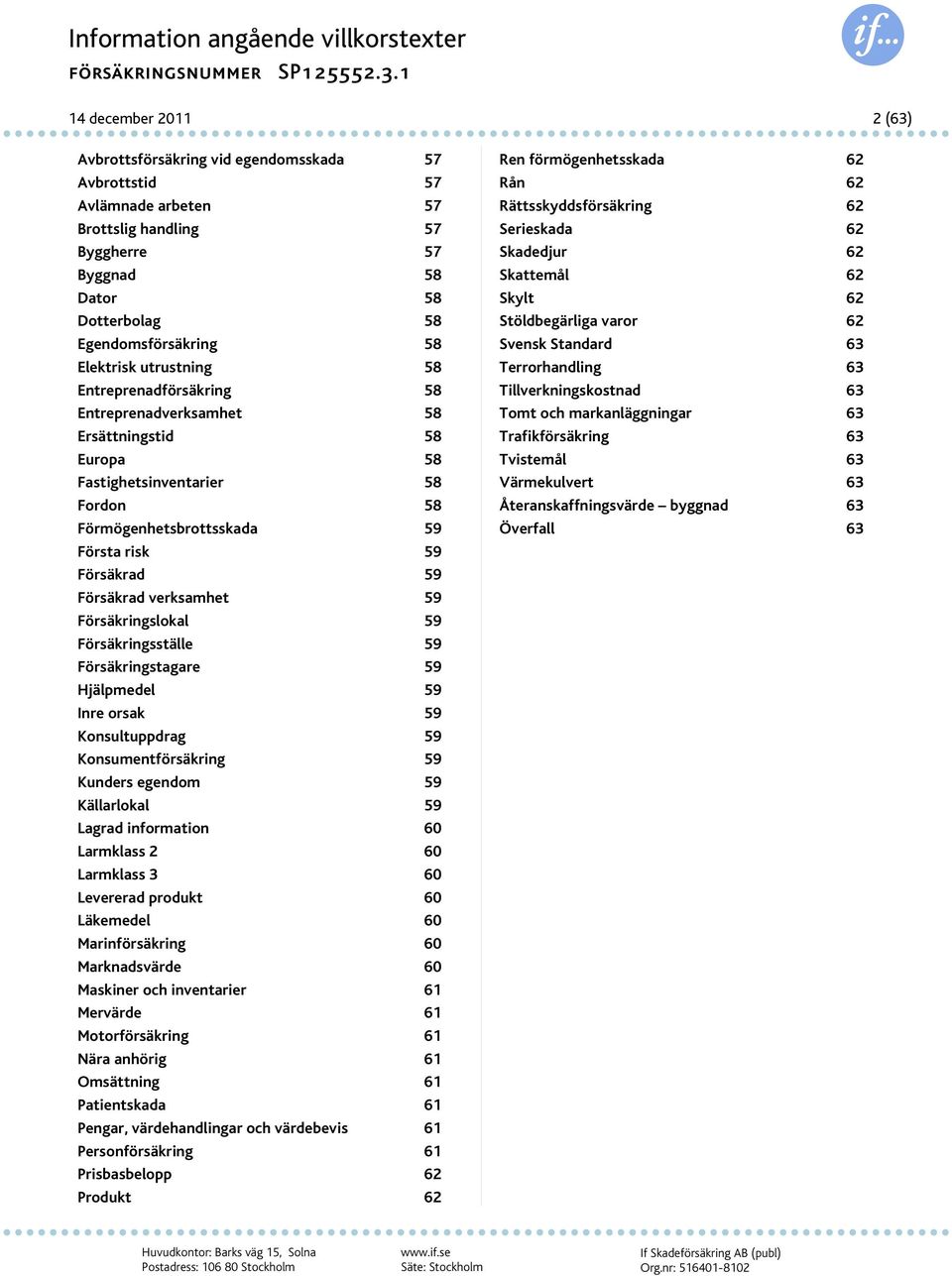 59 Första risk 59 Försäkrad 59 Försäkrad verksamhet 59 Försäkringslokal 59 Försäkringsställe 59 Försäkringstagare 59 Hjälpmedel 59 Inre orsak 59 Konsultuppdrag 59 Konsumentförsäkring 59 Kunders