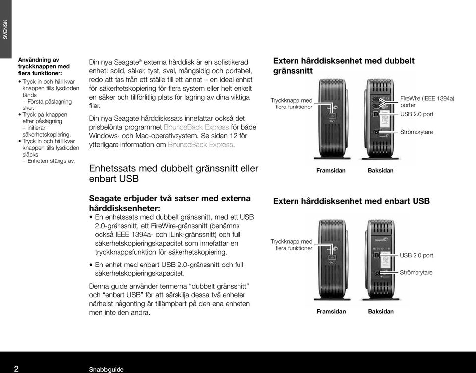 Din nya Seagate externa hårddisk är en sofistikerad enhet: solid, säker, tyst, sval, mångsidig och portabel, redo att tas från ett ställe till ett annat en ideal enhet för säkerhetskopiering för