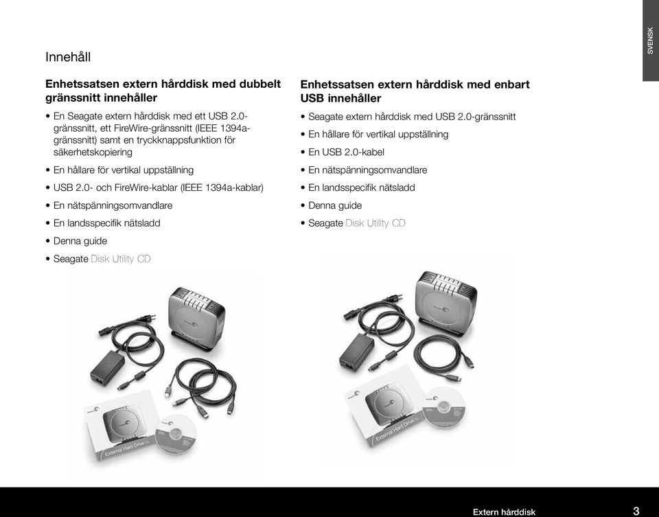 0- och FireWire-kablar (IEEE 1394a-kablar) En nätspänningsomvandlare En landsspecifik nätsladd Denna guide Seagate Disk Utility CD Enhetssatsen extern hårddisk med