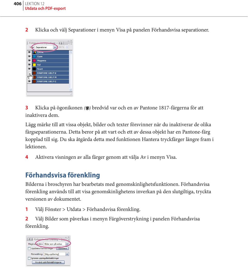 Lägg märke till att vissa objekt, bilder och texter försvinner när du inaktiverar de olika färgseparationerna. Detta beror på att vart och ett av dessa objekt har en Pantone-färg kopplad till sig.