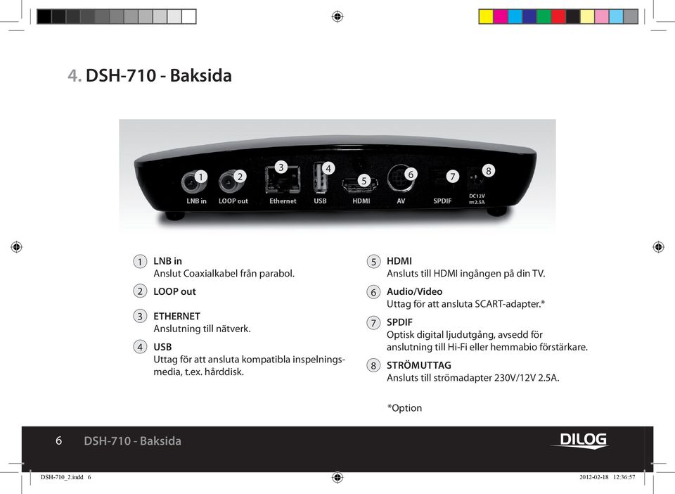 6 7 8 Audio/Video uttag för att ansluta SCART-adapter.