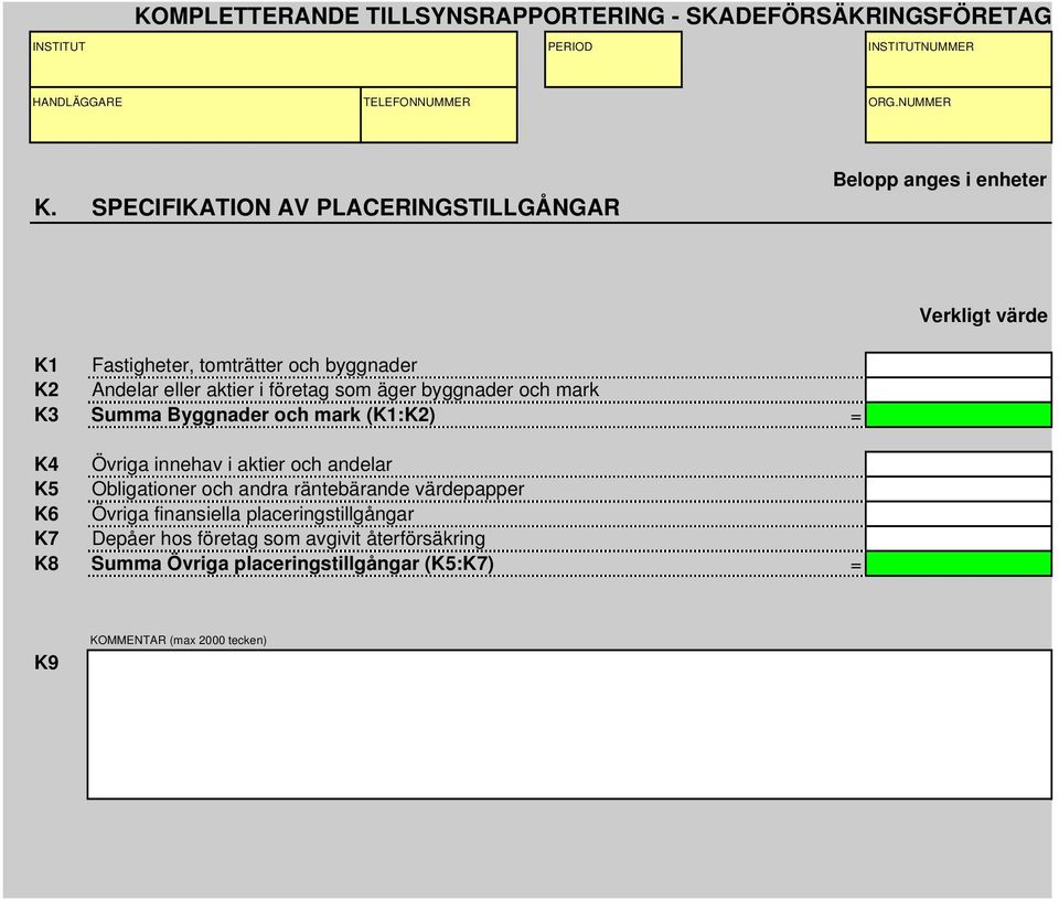 innehav i aktier och andelar K5 Obligationer och andra räntebärande värdepapper K6 Övriga finansiella