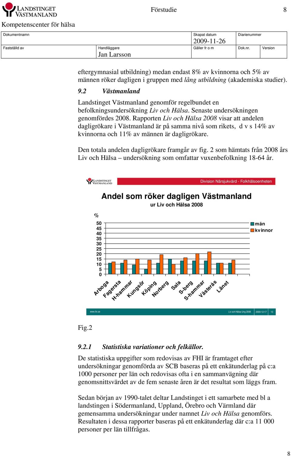 Rapporten Liv och Hälsa 2008 visar att andelen dagligrökare i Västmanland är på samma nivå som rikets, d v s 14% av kvinnorna och 11% av männen är dagligrökare.