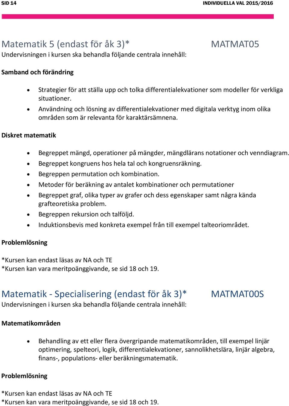 Diskret matematik Problemlösning Begreppet mängd, operationer på mängder, mängdlärans notationer och venndiagram. Begreppet kongruens hos hela tal och kongruensräkning.