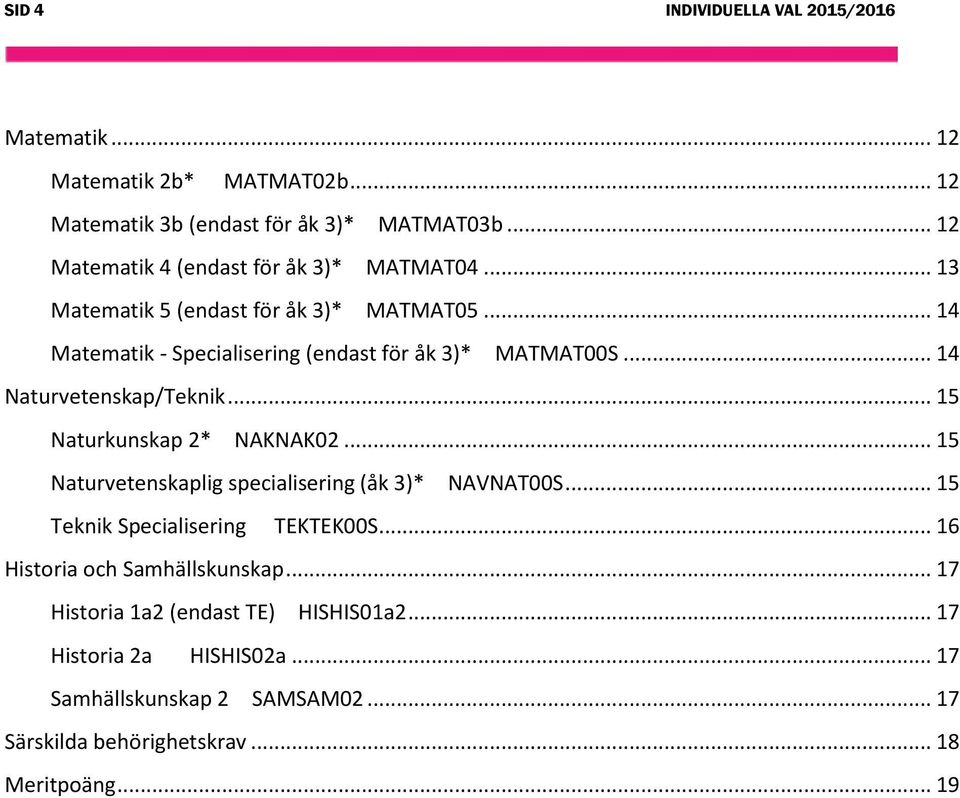 .. 14 Naturvetenskap/Teknik... 15 Naturkunskap 2* NAKNAK02... 15 Naturvetenskaplig specialisering (åk 3)* NAVNAT00S... 15 Teknik Specialisering TEKTEK00S.